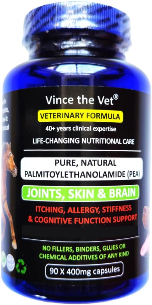 Pure & Natural Joint, Skin & Brain Support Capsules for Dogs, Cats & Horses 90 x 400mg, Optimum Potency Palmitoylethanolamide PEA, for Itching, Allergy & Stiffness
