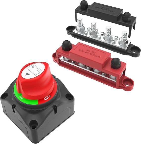 Bundle of Upgraded 12V 250A Black & Red Bus Bar (4-Posts, M10, with Cover) & 12V Heavy Duty Battery Disconnect Switch for Marine, Boat, RV