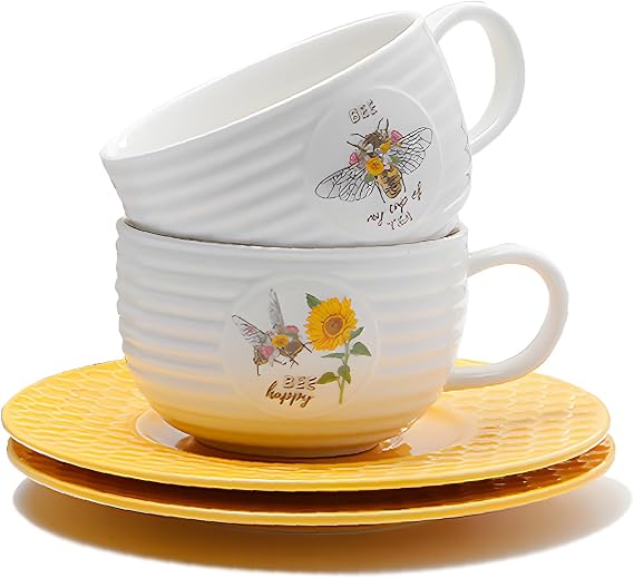 Porcelain Tea Cups and Saucers Set of 2, Honey Bee Pattern Ceramic Tea Cup Coffee Mug for Home Kitchen Office Coffee Shop Tea Party, 260ml/9 OZ, Gift Package