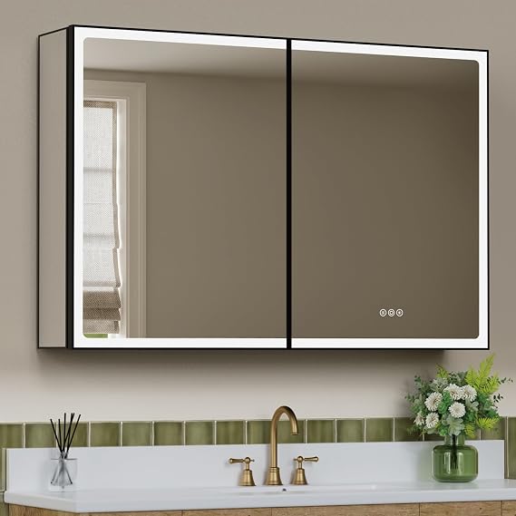 36x32 Inch Medicine Cabinet with Mirror and Lights for Bathroom, Black