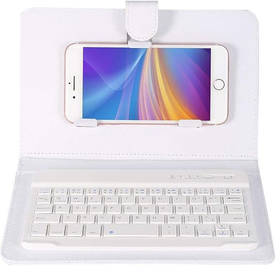Bluetooth Keyboard with Portfolio Flip Leather Case Cover Detachable Keyboard for 4.5'' 6.8'' iOS, Android and Smart Phones White