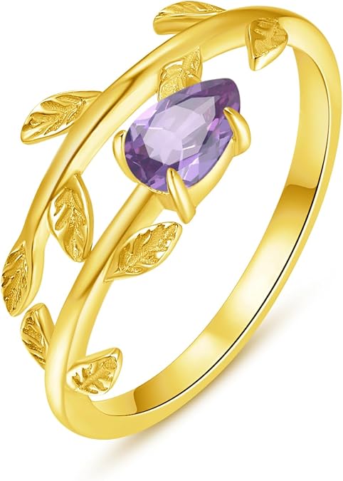 PRAYMOS 925 Sterling Silver Leaf Birthstone Rings Adjustable Open Ring for Women with Jewelry Box Size 7-9