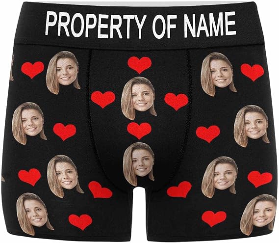 MyPupSocks Custom Face Boxers Red Hearts Property of Name Valentines Personalized Face Briefs Underwear for Men