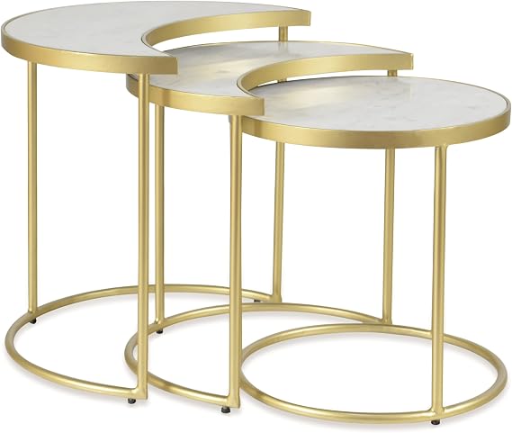 Modern White Marble & Gold Nesting Tables Set of 3 | Round Stacking Coffee Table | Accent Side Tables for Living Room, Home Office, Nightstands for Bedroom