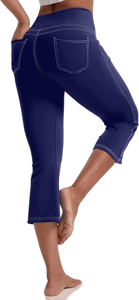 VOOVEEYA Women's Capri Leggings, Yoga Capris Pants with Pockets Stretchy Crop Pants High Waisted Straight Leg 21"(Navy Blue 2XL)