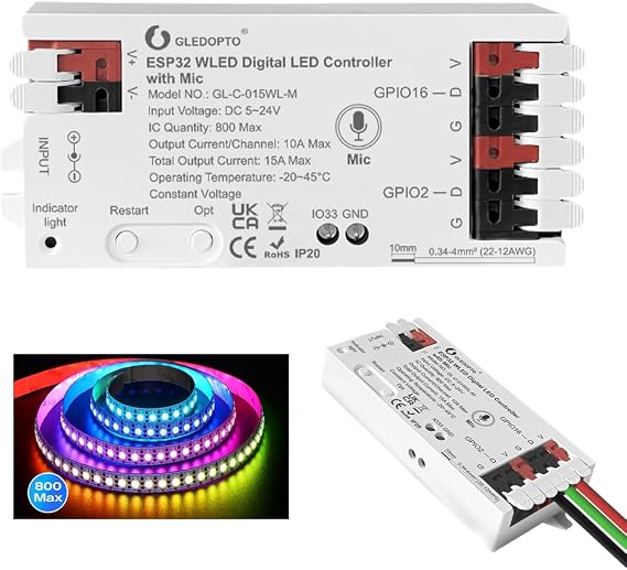 GLEDOPTO ESP32 WLED LED Strip Controller with Mic Microphone 5-24V Music Dynamic Mode RGB IC DIY Lighting App Control Strip Light for WS2811 WS2812 SK6812 TM1814 WS2813 WS2815 (015WL with Mic) [Energy Class G]