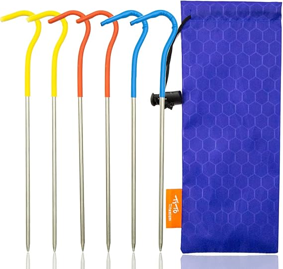 TiTo Titanium Shepherd's Hook Tent Stakes Tent pegs Nail pegs with Flourescent Head Dia 3.0mm and Length 165mm only 6.7G(Pack of 6)