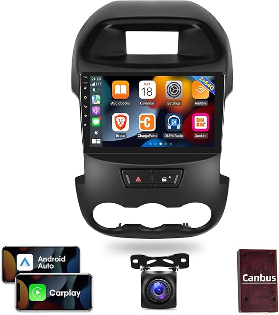 [2G+64G] Car Radio for Ford Ranger 2011-2015, 9 inch Android Screen Stereo | Carplay/Android Auto/Hi-Fi Audio/Wi-Fi/1080P/SWC/Bluetooth + AHD Backup Camera + MIC