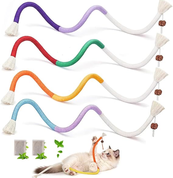4 Pcs Natural Catnip Chew Rope, 27"/70cm Snaky Interactive Cat Toys, Includes Refillable Catnip Pouch, for Indoor Cats & Kittens No-Squeaky Teeth Cleaning & Stress Relief for All Breeds