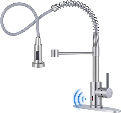 DJS Kitchen Faucets with Pull Down Sprayer Brushed Nickel Touchless Single Handle 1 or 3 Holes Spring Kitchen Sink Faucet with Deck Plate for Farmhouse RV Vessel Basin