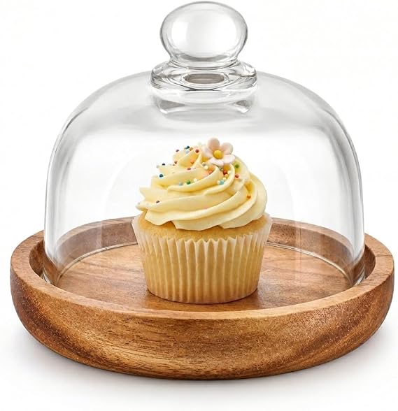 Mini Cake Stand with Glass Dome, Small Wooden Dessert Display for Treats