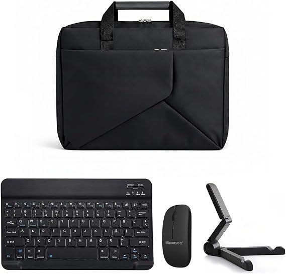 Microcase HONOR MagicPad 4 12.3 inch ile uyumlu Macbook Laptop Çantası 2 Bölmeli + Bluetooth Klavye+Mouse+Tablet Standı Siyah AL5568