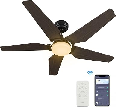 SMAAIR Smart Ceiling Fan with Light 52 Inch, 5 Blades Low Profile Ceiling Fan with 10 speed DC Motor and Dimmable LED Light, works with APP/Alexa/Google Assistant/Siri Shortcuts Walnut