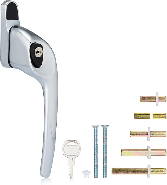 XFORT Cranked Locking Window Handle Installation Kit in Polished Chrome, Right Hand UPVC Window Handle Replacement, Offset Lockable Window Lever