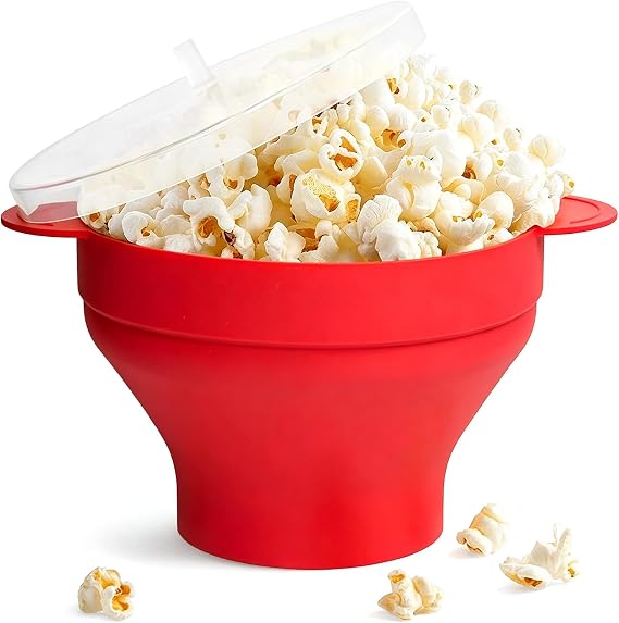 Microwave Popcorn Popper Sturdy Convenient Handles, Silicone Popcorn Maker, Collapsible Bowl with Lid