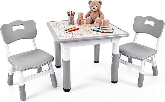 Pterying Toddler Table and Chair Set, Graffiti Tabletop, 2 Chairs, Grey