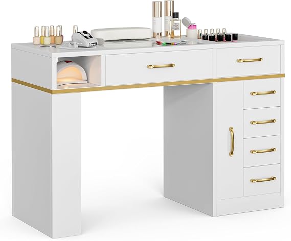 Paddie Manicure Table with Dust Collector, Glass Top Nail Tech Table Nail Desk Station w/7 Storage Drawers & 3-Tiers Open Shelves, Nail Beauty Workstation w/Wrist Cushion & Golden Handles(White-New)
