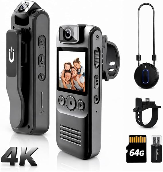 KSADBOSSBO Body Camera with Audio & Video Recording- 64GB 4K HD Police Cop Cam for Outdoor Law Enforcement Guard Travel Cameras- with Magnetic Clip Flashlight 6HR Battery Recorder (Black Lanyard)