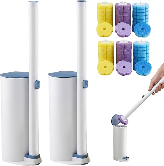 Toilet Brush with Holders 2 Pack - Bowl Buddy Toilet Brush with 48 Refills Wall Mounted Toilet Wand Kit Toilet Cleaning System for Bathroom, Wash Basin and Bathtub Sink
