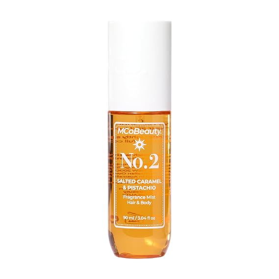 MCoBeauty Fragrance Mist - No. 2 Salted Caramel & Pistachio | Hair & Body Spray, All Day Wear, Light Sweet Perfume, Long Lasting, Vegan & Cruelty Free