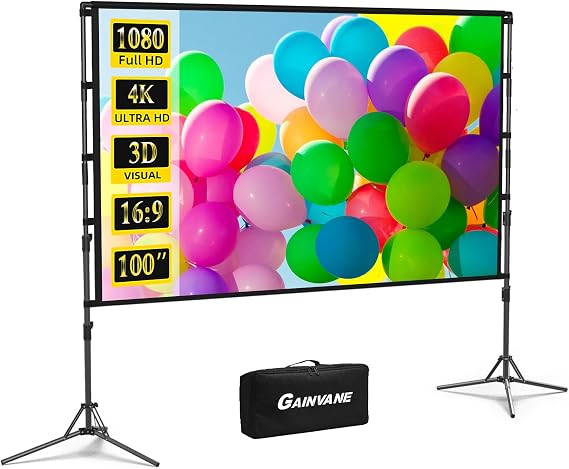 100 Projector Screen with Stand Foldable Portable Movie Screen 100”（16：9）, HD 4K Double Sided Projection Screen with Carry Bag Indoor Outdoor Video Screen for Home Theater