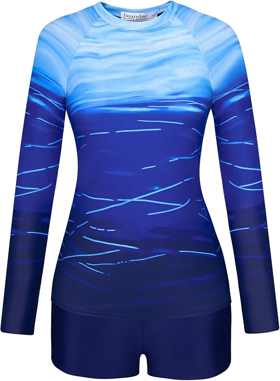 JASAMBAC Womens Rash Guard UV UPF 50+ Long Sleeve Surfing Two Piece Swimsuits with Built in Bra