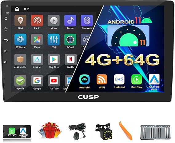 CUSP 10 Inch Android Car Stereo Radio, Universal Double Din Head Unit with Wireless CarPlay & Wired Android Auto, QLED Touch Screen, GPS Navigation, Bluetooth, WiFi, SWC, Backup Camera Input