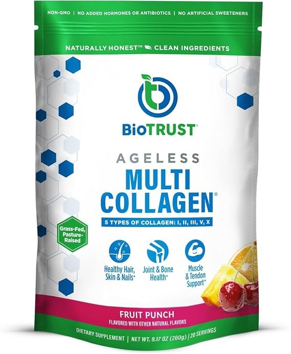 BioTrust Ageless Multi Collagen Peptides Powder - 5 Types I, II, III, V, X - Fruit Punch Collagen Powder for Women & Men - Hydrolyzed Protein - Grass Fed Beef, Fish, Chicken, Eggshell Membrane