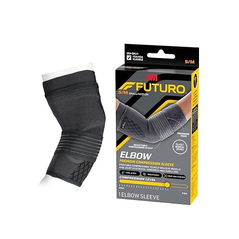 FUTURO Premium Compression Elbow Sleeve, with Wrap-Around Strap and Two Gel Pressure Pads, for Mild Tendonitis, Golfers Elbow, Tennis Elbow, Swelling, Sprains, and Strains, S/M
