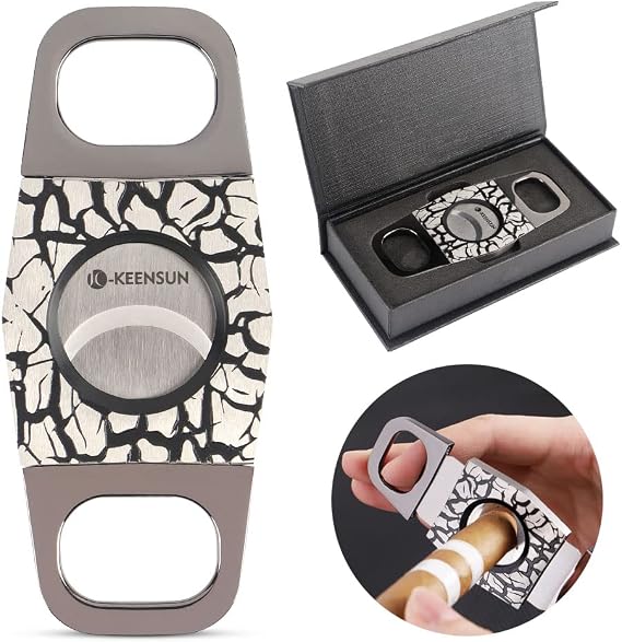 KEENSUN - Zinc Alloy Cigar Cutter Guillotine Stainless Steel Double Blade, Portable Cigar Cutter Tool with Crack Texture Shell (Black) and Gift Box