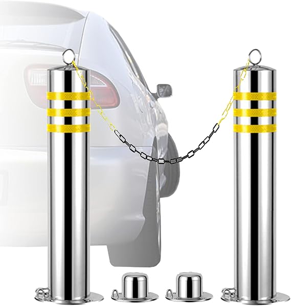 Parking Bollards with Lock 2-Pack Stainless Steel Large Safety Caution Barrier Parking Pole for Traffic-Sensitive Area(800x76mm) (800x76mm)