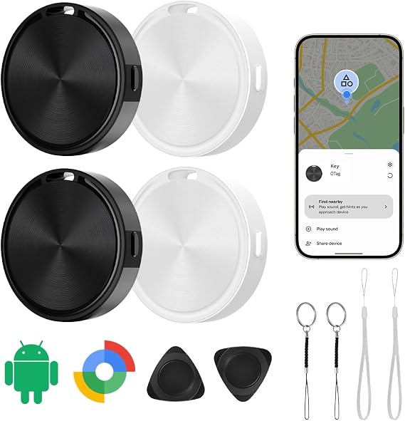 Android Tracker Tags Compatible with Google Find Hub App (Android Only) IP65 Waterproof Bluetooth Tracker Item Finder for Key, Wallets, Backpack, Suitcases-Black+White