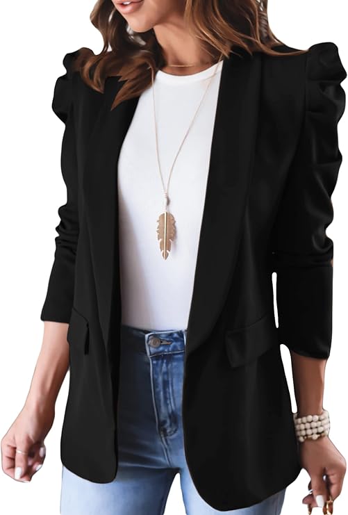 KIRUNDO Women's 2026 Spring Fall Casual Blazers Puff Sleeve | Puffy Long Sleeve, Lapel Open Front Work Suit Jacket, Stretchy Lightweight, Dressy Business Work Office Outfits with Pockets