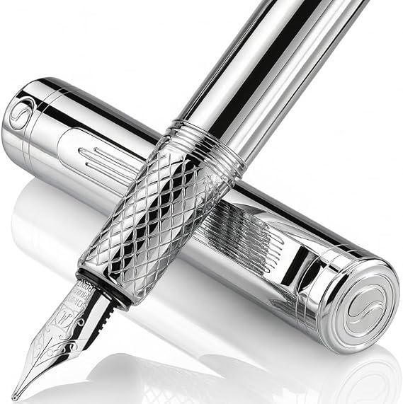 Scriveiner Silver Chrome Fountain Pen (Medium), Award Winning Luxury Pen, Heavy Pocket Pen, Chrome Finish, Schmidt Nib, Converter, Best EDC Writing Pen Gift Set for Men & Women, Nice Office Fancy Pen