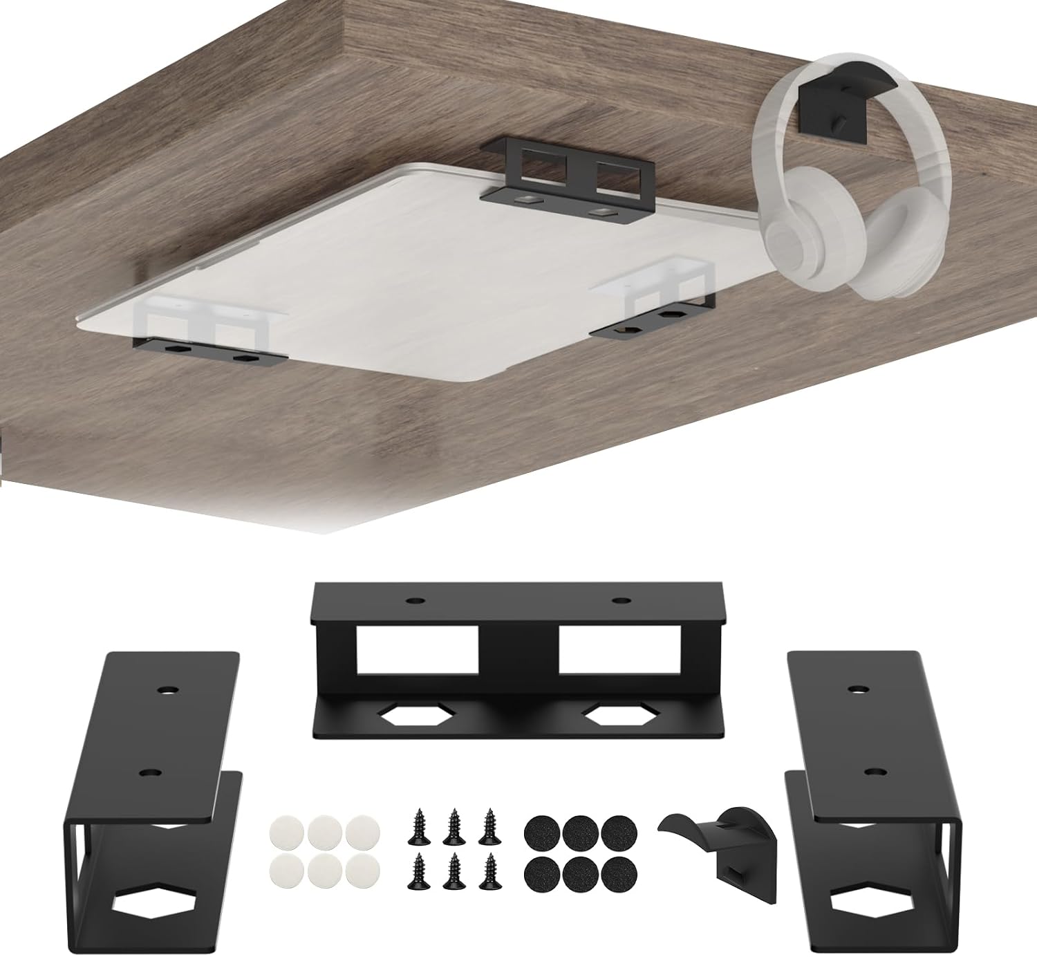 Under Desk Laptop Mount Metal Under Desk Laptop Holder with Anti-Scratch Pad for Lenovo HP Asus Acer Laptop Mac Mini Macbook Keyboard Under Desk Shelf Tray with Headphone Hanger