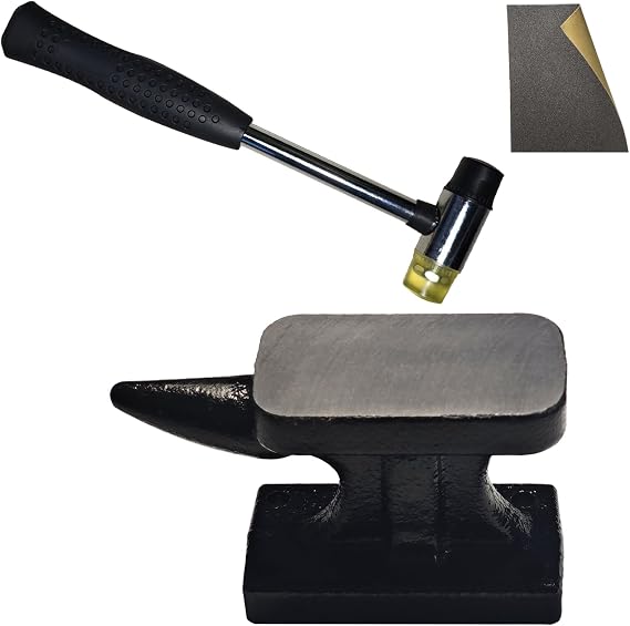 NewFe Mini Iron Horn Anvil & Hammer Set, 1.1 lb Forged Iron Anvil with Rubber Hammer, Jewelry Making Tools, Bench Block for Metal Stamping, Silversmith, Blacksmithing Horn Anvil Bench Block & Hammer
