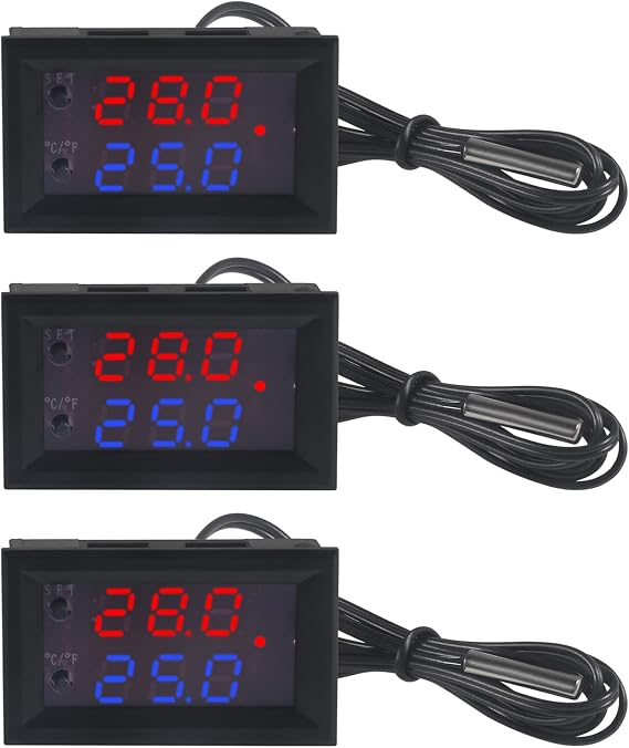 3PCS DC 12V Electronic Temperature Controller Programmable -50 to 110 Degree Celsius Heating/ Cooling Thermostat Control Switch Module NTC Waterproof Sensor Probe Dual Color LED Display Monitor