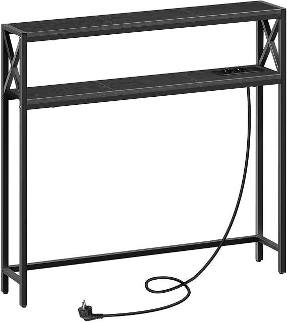 MAHANCRIS 100 cm 2-Tier Console Table Side Table with 2 Sockets and 2 USB Narrow Entrance Table Hallway Table Sofa Table for Hallway Living Room Bedroom Foyer Black ACTHB115UE01