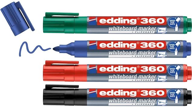 edding 360 whiteboardmarker set - zwart, rood, blauw, groen - 4 whiteboardstiften - ronde punt 1,5 - 3 mm - boardmarker uitwisbaar - voor whiteboard, flipchart, prikbord, memobord - navulbaar
