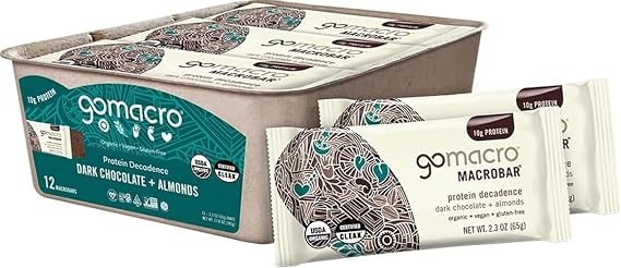 GoMacro MacroBar Organic Vegan Protein Bars - Dark Chocolate + Almonds (2.3 Ounce Bars, 12 Count)