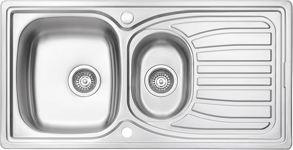JASSFERRY Stainless Steel Kitchen Sink Inset 1.5 One Half Bowl Reversible Drainer with Waste Pipes Clips, 980 x 510 mm