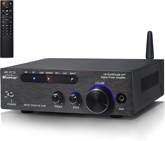 Woopker AK3116 Stereo Receivers Amplifier Home Audio, Bluetooth 5.3 Dual TPA3116 Chips Stereo Amplifier 2 Channel 100W x2 Mini Class D Integrated Bluetooth Audio Receiver w/USB AUX Opt Input