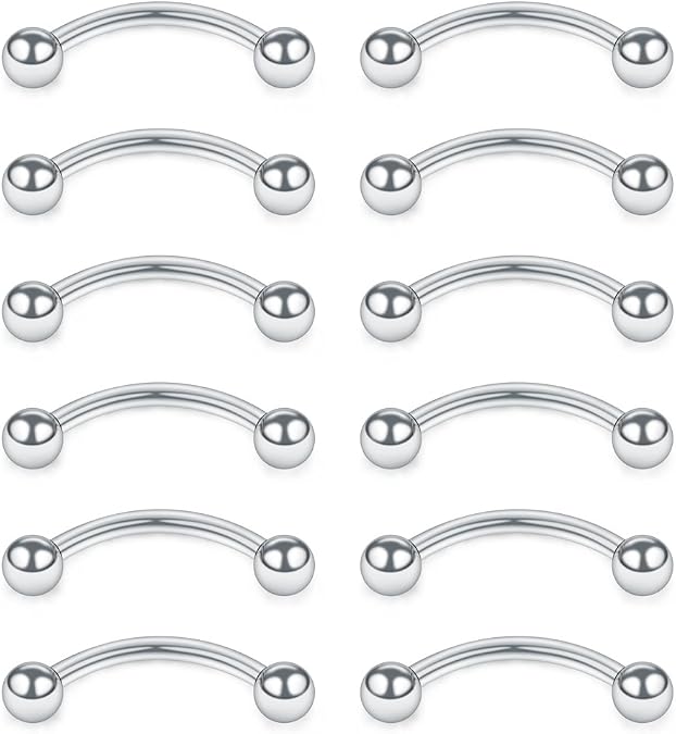 SCERRING 12PCS 16G Stainless Steel Curved Barbell Eyebrow Tragus Helix Ear Belly Lip Ring Body Piercing Jewelry
