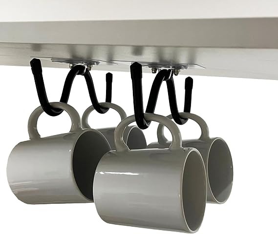 Pmsanzay Mug Cup Holder Under Cabinet Organizer - 2 Pack Self-Adhesive Cup Hooks Coffee Mug Holder,Mug Cup Storage Hanger,Coffee Bar Accessories for Kitchen, Pantry, Cabinet - No Drilling