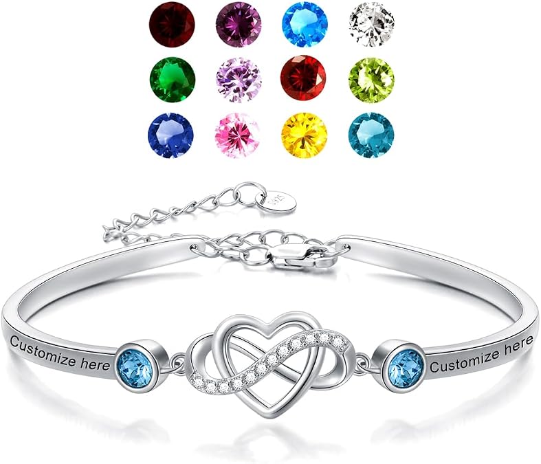 AOBOCO Sterling Silver Personalized Infinity Heart Bangle Bracelet with Name and Birthstones Custom Engraved Bracelet for Women