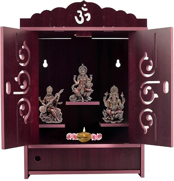 Pooja Mandir Home Wall Hanging MDF Wooden Temple with Door (Dark Brown)