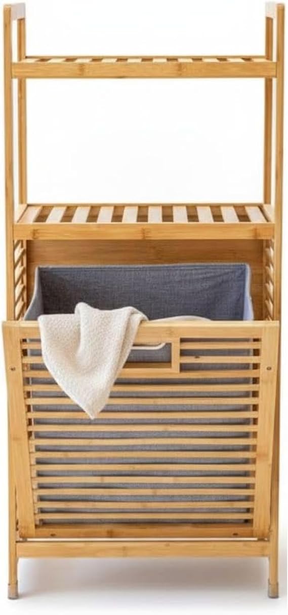 AmberHaus 3 Raflı Bambu Çamaşır Sepeti ve Banyo Düzenleyici Dolap - Havlu ve Deterjanlık Bölmeli Dikey Kirli Sepeti (100x45x30 cm)