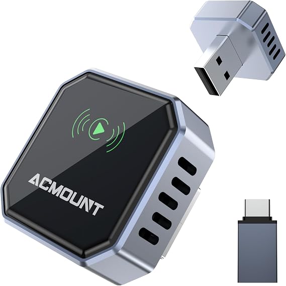 Acmount 2 in 1 Wireless Carplay Adapter & Android Auto 2026 Upgrade Wired CarPlay to Wireless, Fast Auto-Connect, Mini USB Design, Plug & Play Wireless Dongle for iPhone 6+ / Android 11+ (Silver-Gray)