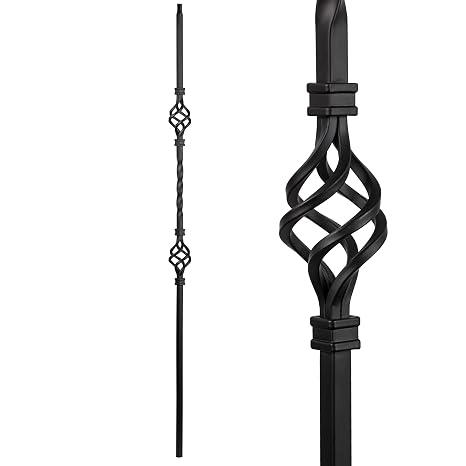 S07 Wrought Iron Balusters Set of 10 Decorative Metal Balusters for Decks Spiral Stair Railing 1/2-inch Hollow Double Basket Iron Spindles Satin Black Metal Railing