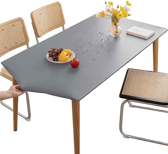 Mateju Rectangular Tablecloth, Rectangle Table Cloth with Elastic Edged Dust-Proof Waterproof PVC Tablecloths Stain Resistant Table Cover Table Decoration Outdoor Indoor (90x150cm,Grey)